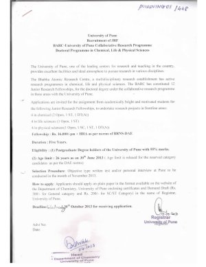 University of Pune Recruitment to the Post of JRF 2013