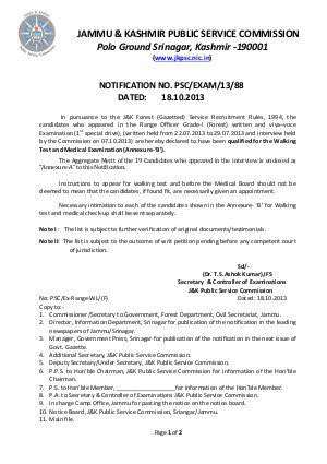 JKPSC Announced Results for Range Officer Grade-I (Forest) Exam 2013