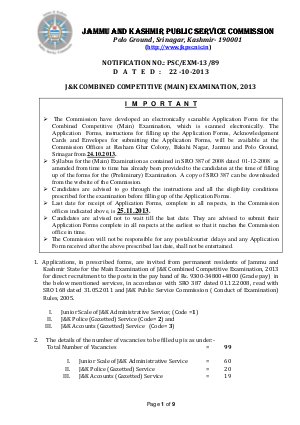 J&K Combined Competitive (Main) Examination 2013: Notification