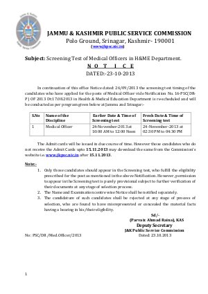 JKPSC Medical Officers Screening Test: Revised Timing