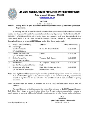 JKPSC Assistant (Remote Sensing Department) in Forest Department Recruitment: Interview Schedule 