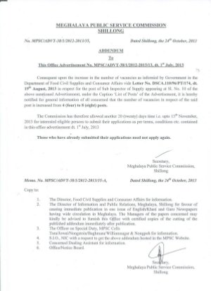 Meghalaya PSC Notified Recruitment to the Post of Sub Inspector of Supply 2013