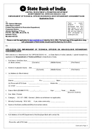   State Bank of India Notified Recruitment for 30 Technical Officers Posts 2013 Application Format
