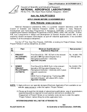 CSIR National Aerospace Laboratories notified recruitment to the post of Project fellows 2013