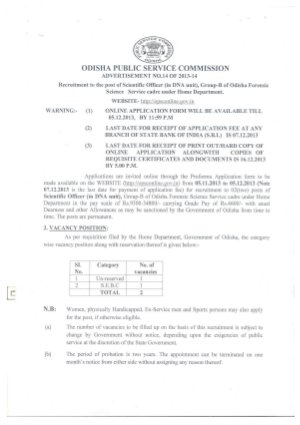 Odisha Public Service Commission Notified recruitment to the Post of Scientific Officer 2013