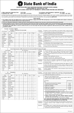 SBI Notified Recruitment in the Clerical Cadre Post of Pharmacists, CROs & Armourers 2013