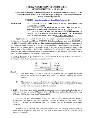 OPSC Notified Recruitment for Assistant Professor in Psychiatry Nursing in Group A 2013