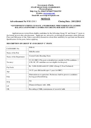 SSC Western Region Notified Recruitment for 46 Group B and C Posts 2013