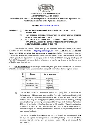 OPSC Recruitment for the Posts of Assistant Agriculture Officer 2013