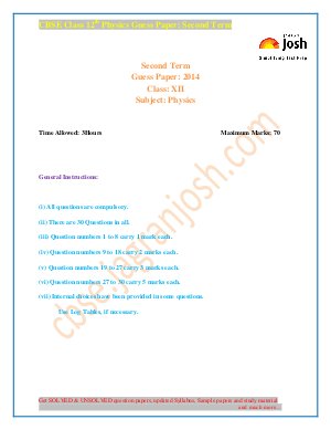 CBSE Class 12th Physics Guess Paper- Second Term-2