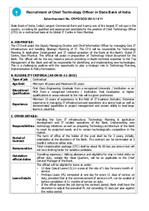 State Bank of India Notified Recruitment for the Post of Chief Technology Officer 2013
