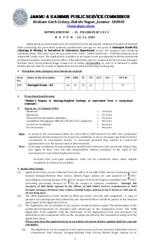 J&K Public Service Commission Notified Recruitment to the Post of Geologist Grade-III 2013