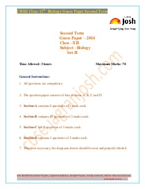 CBSE Class 12th Biology Guess Paper Second Term Set-II 2014