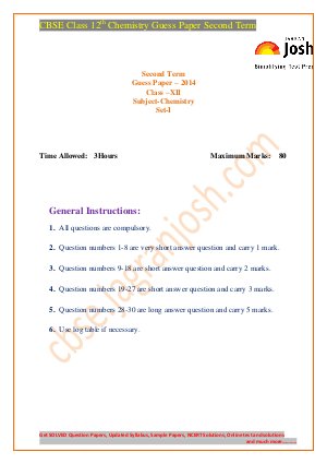 CBSE Class 12th Chemistry Guess Paper Second Term Set-II 2014