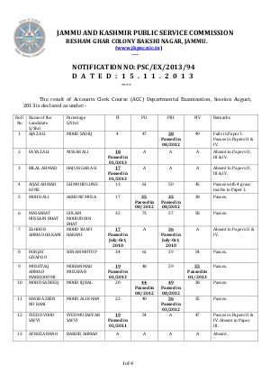 JKPSC Accounts Clerk Course (ACC) Departmental Examination 2013: Result 