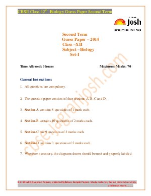 CBSE Class 12th Biology Guess Paper Second Term Set-I 2014