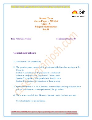 CBSE Class 10th Mathematics Guess Paper Second Term Set-II 2014