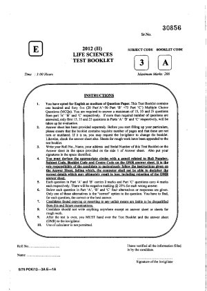 Joint CSIR UGC NET Questions Papers December 2012 Life Sciences 