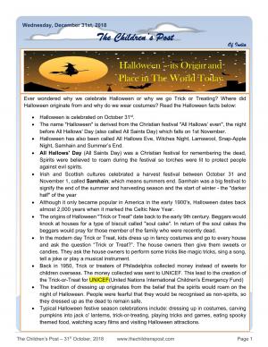 The Children's Post 31st October, 2018 - Halloween Special