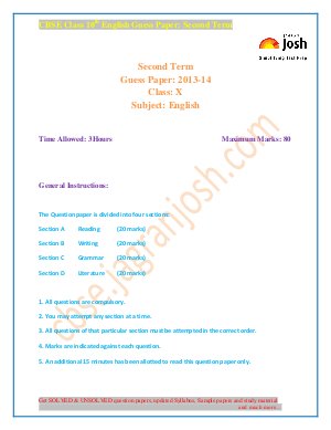 CBSE Class 10th English Guess Paper- Second Term 2014