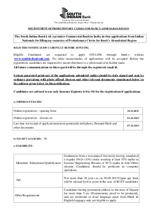South Indian Bank Limited Notified Recruitment of Probationary Clerks for Bank’s Ahmedabad Region 2013