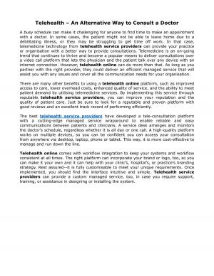 Telehealth – An Alternative Way to Consult a Doctor