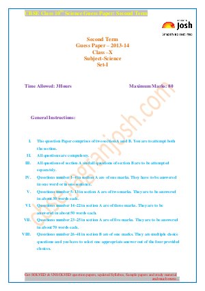 CBSE Class 10th Science Guess Paper Second Term Set-I 2014