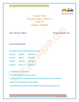 CBSE Class 10th English Practice Paper Second Term 2014