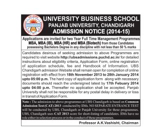 Punjab University announced Admissions for MBA Programmes 2014-15