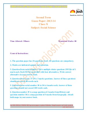 CBSE Class 10th Social Science Guess Paper