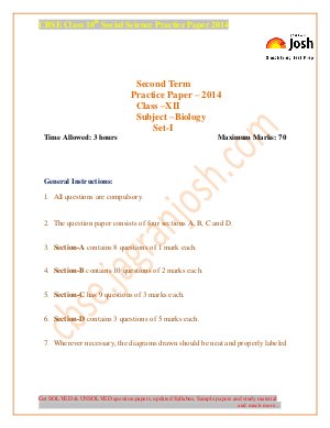 CBSE Class 12th Biology Practice Paper Set-I