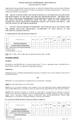 West Bengal Public Service Commission Notified Recruitment for 145 Various Posts 2013