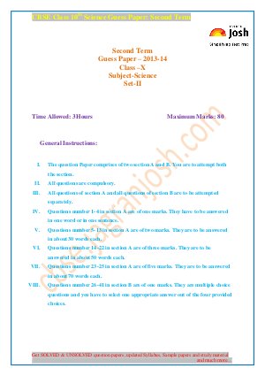 CBSE Class 10th Science Guess Paper Second Term Set-II 2014