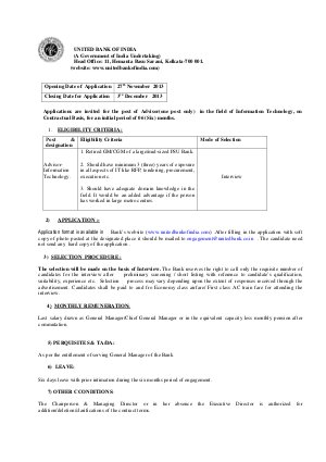 United Bank Of India Notified Recruitment to the Post of Advisor 2013