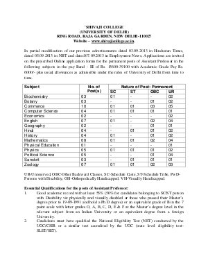 Shivaji College, DU Notified Recruitment to 68 Assistant Professor Posts 2013