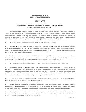 UPSC – CDS (I) Exam 2013: Final Result Declared