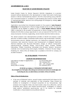 Indira Gandhi Centre for Atomic Research Notified Recruitment for 80 Posts of JRF 2013
