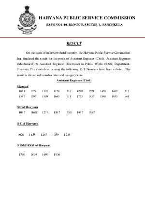 HPSC Assistant Engineers Recruitment 2013: Final Results