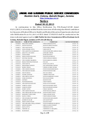 JKPSC Medical Officer in Health Recruitment 2013: Interview Schedule