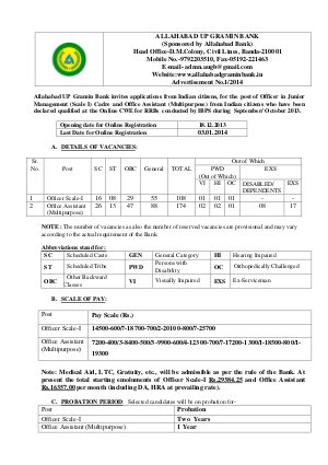 Allahabad UP Gramin Bank Notified Recruitment for Officer Scale and Office Assistant 2013