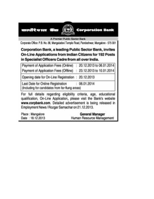 Corporation Bank of India Notified Recruitment for 192 Posts of Specialist Officers 2014