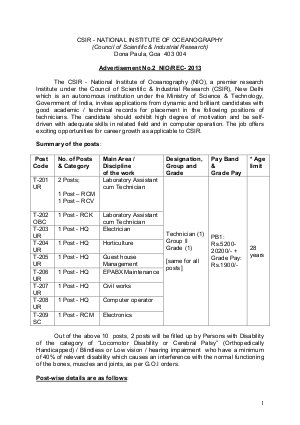 CSIR–National Institute of Oceanography notified Recruitment for various technicians posts 2013