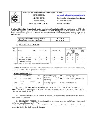 Puduvai Bharathiar Grama Bank Officer Scale I Office Asst Posts Notification 
