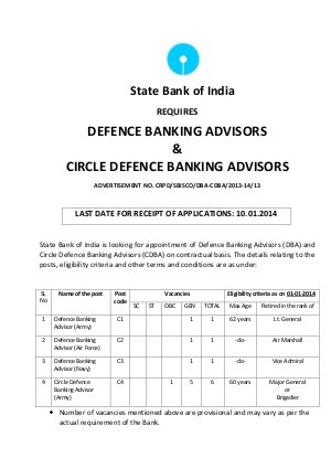 SBI Notified Recruitment for DBA and CDBA posts 2013