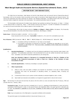 West Bengal PSC Notified Recruitment to the posts of West Bengal Audit and Accounts Service 2013