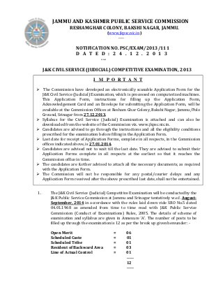 JKPSC Notified Recruitment for Civil Service Judicial Posts 2013