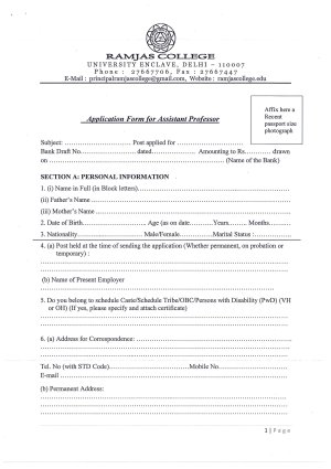 Application Form Ramjas College Delhi Notified Assistant Professor 2013
