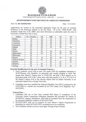 Ramjas College Delhi Notified Assistant Professor 2013