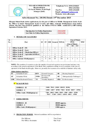 Ellaquai Dehati Bank Notified Recruitment for 100 Office Assistant & Officer Scale Posts 2013