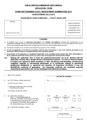 WBPSC Assistant Engineer (Civil) Recruitment Examination 2013 Application Form